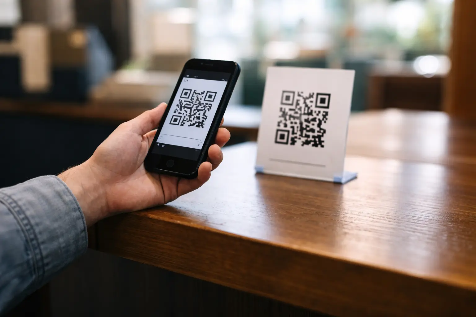 Ospite che scansiona un QR code in struttura ricettiva