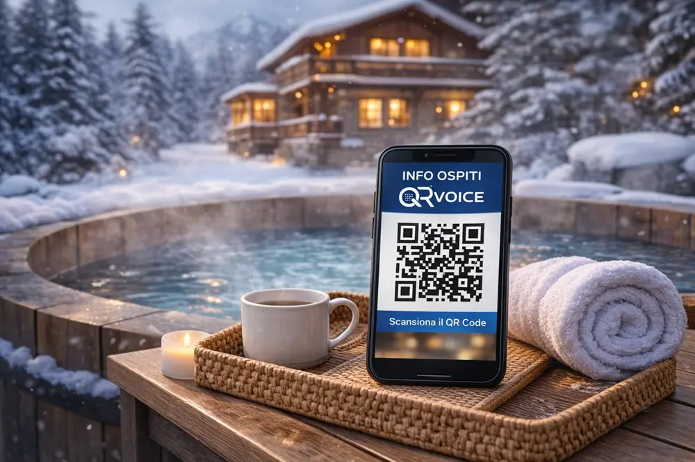Smartphone con QR code per informazioni ospiti in hotel invernale con chalet e vasca esterna