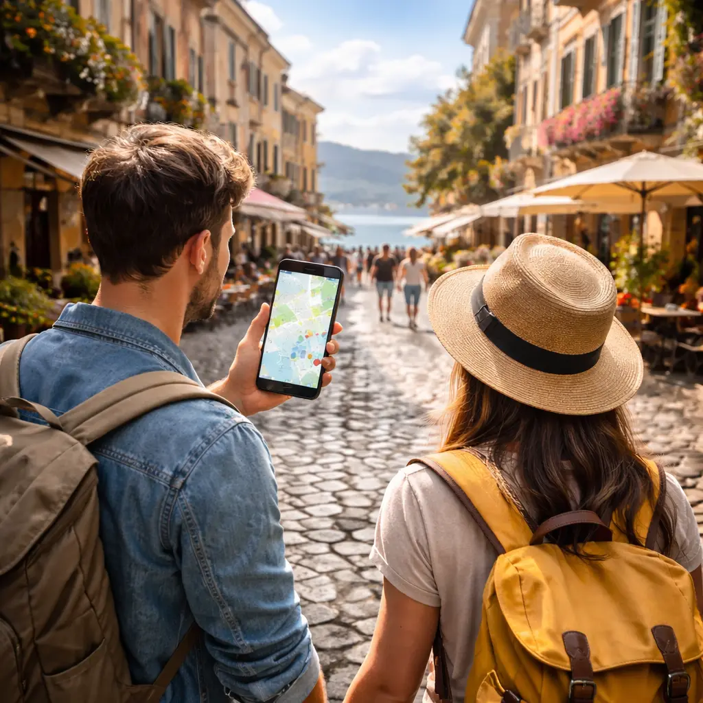 Coppia di viaggiatori che arriva in una destinazione turistica consultando una mappa sullo smartphone