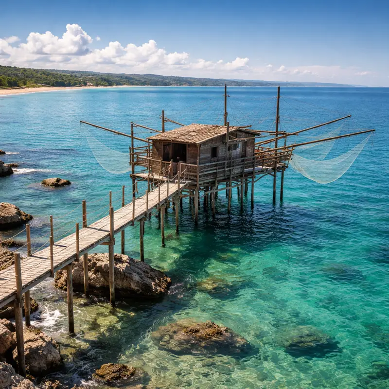 Trabocco tradizionale in legno sulla Costa dei Trabocchi in Abruzzo, antica macchina da pesca sul mare Adriatico
